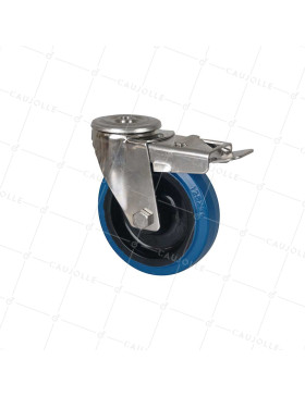 Ruota INOX A Foro di fissaggio IN GOMMA ELASTICA CON FRENATORE DIAMETRO 125 MM CARICO 150 KG - INOX O 125NS AF BLU • Caujolle