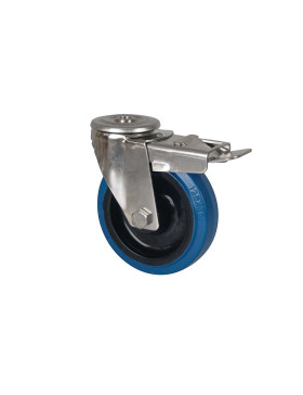 Ruota INOX A Foro di fissaggio IN GOMMA ELASTICA CON FRENATORE DIAMETRO 125 MM CARICO 150 KG - INOX O 125NS AF BLU