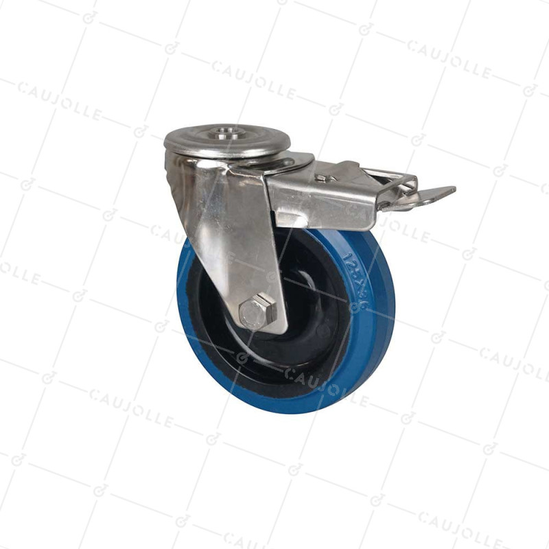 Ruota INOX A Foro di fissaggio IN GOMMA ELASTICA CON FRENATORE DIAMETRO 125 MM CARICO 150 KG - INOX O 125NS AF BLU
