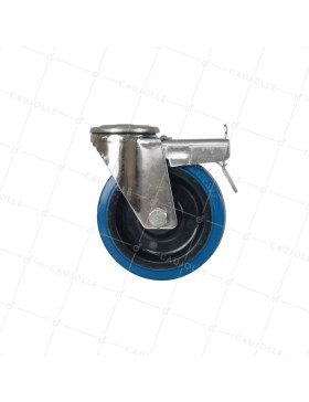 Ruota INOX A Foro di fissaggio IN GOMMA ELASTICA CON FRENATORE DIAMETRO 125 MM CARICO 150 KG - INOX O 125NS AF BLU
