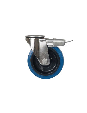 Ruota INOX A Foro di fissaggio IN GOMMA ELASTICA CON FRENATORE DIAMETRO 125 MM CARICO 150 KG - INOX O 125NS AF BLU