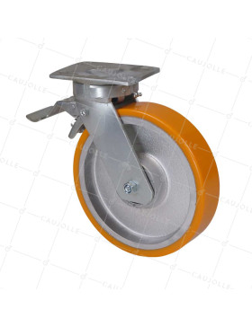Ruota PIVOTANTE A FRENO IN POLIURETANO RINFORZATO RIM IN GHISA DIAMETRO 250 MM CARICO 1400KG - S80 250P AF • Caujolle