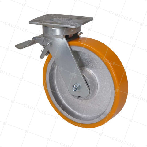 Ruota PIVOTANTE A FRENO IN POLIURETANO RINFORZATO RIM IN GHISA DIAMETRO 250 MM CARICO 1400KG - S80 250P AF • Caujolle