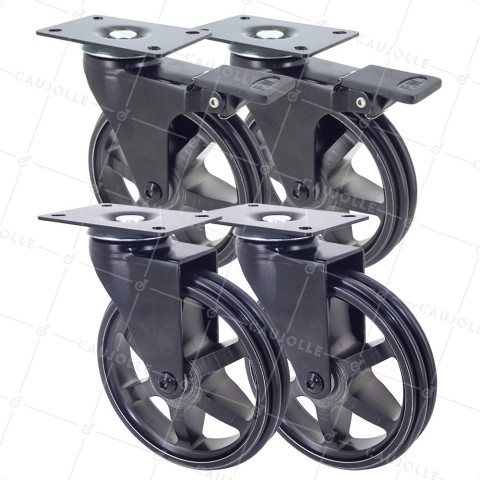 LOTTO DI 4 Ruote DESIGN RETRÒ A Piastra IN ALLUMINIO NERO SPAZZOLATO DIAMETRO 125 MM • Caujolle