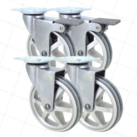 LOTTO DI 4 Ruote DESIGN RETRÒ A Foro di fissaggio ALLUMINIO GRIGIO DIAMETRO 100 MM • Caujolle