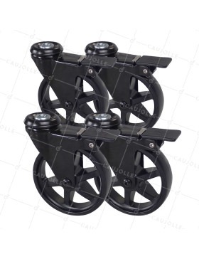 LOTTO DI 4 Ruote DESIGN RETRO A Foro di fissaggio CON FRENATURA IN ALLUMINIO NERO DIAMETRO 125 MM • Caujolle