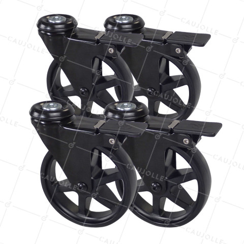 LOTTO DI 4 Ruote DESIGN RETRO A Foro di fissaggio CON FRENATURA IN ALLUMINIO NERO DIAMETRO 125 MM • Caujolle