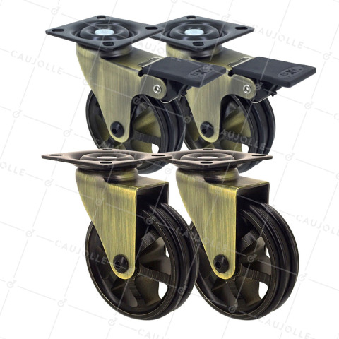 LOTTO DI 4 Ruote DESIGN RETRO CON Piastra IN ALLUMINIO ORO DIAMETRO 75 MM • Caujolle