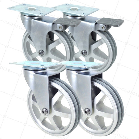 LOTTO DI 4 Ruote DESIGN RETRÒ A Foro di fissaggio ALLUMINIO GRIGIO DIAMETRO 125 MM • Caujolle
