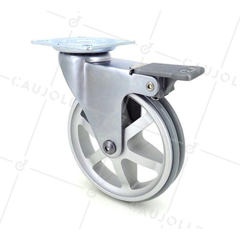 Ruota DESIGN IN ALLUMINIO GRIGIO CON FRENATORE DIAMETRO 100 MM CARICO 55KG - ALUSTYL100PAF • Caujolle