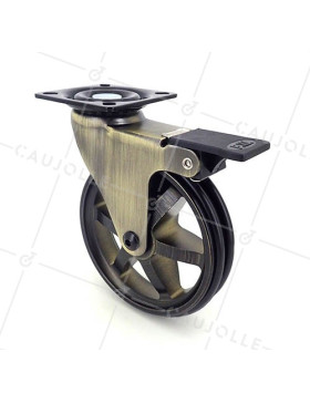 Ruota DESIGN RETRO CON FRENATURA IN ALLUMINIO DORATO DIAMETRO 100 MM CARICO 55KG - GOLDSTYL100PAF • Caujolle