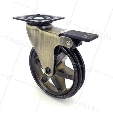 Ruota DESIGN RETRO CON FRENATURA IN ALLUMINIO DORATO DIAMETRO 100 MM CARICO 55KG - GOLDSTYL100PAF • Caujolle