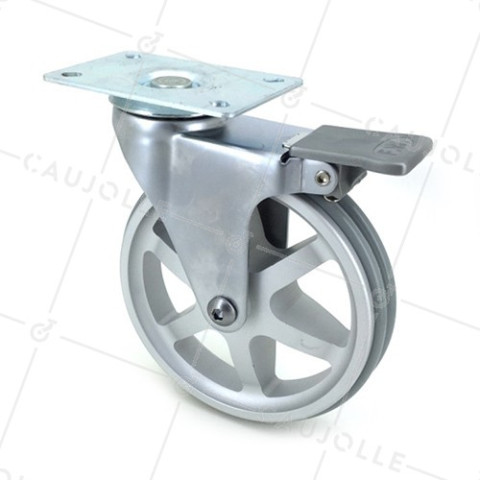 Ruota DESIGN CON FRENATURA IN ALLUMINIO GRIGIO DIAMETRO 125 MM CARICO 70KG - ALUSTYL125PAF • Caujolle