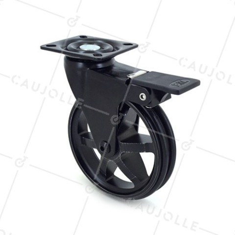Ruota DESIGN IN ALLUMINIO NERO SPAZIATO CON FRENO DIAMETRO 100MM CARICO 55KG - BLACKSTYL 100PAF • Caujolle