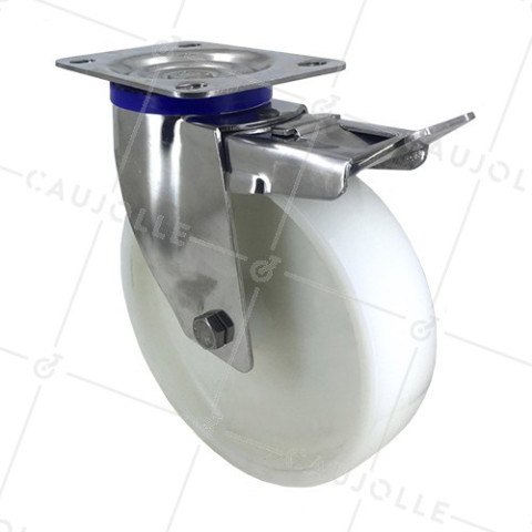 Ruota INOX IN NYLON PIVOTANTE A FRENO DIAMETRO 200 MM CARICO 300 KG • Caujolle