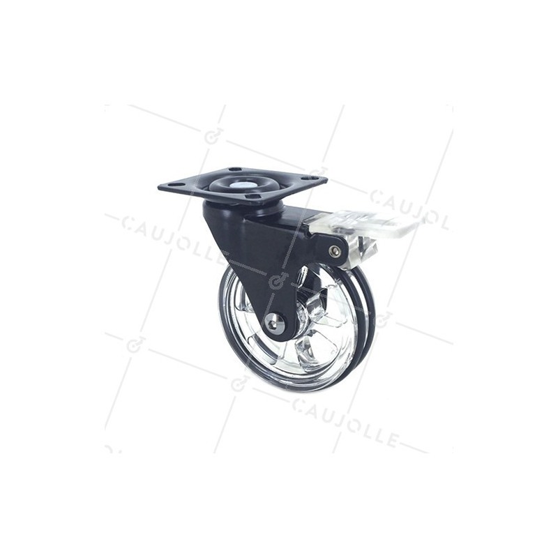 Ruota DESIGN TRASPARENTE NERA CON FRENATORE DIAMETRO 75 MM CARICO 50 KG - CRYSTALN75PAF
