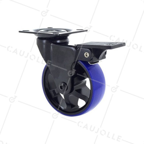 Ruota DESIGN IN ALLUMINIO SPAZZOLATO NERO E BLU A FRENO DIAMETRO 75MM CARICO 45KG - BLACKBLUE75P • Caujolle