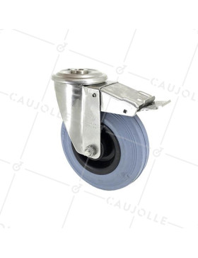 Ruota A Foro di fissaggio A FRENO INOX E GOMMA DIAMETRO 125 MM CARICO 110 KG A FISSAGGIO DI 12 MM - INOX O 125CAF • Caujolle