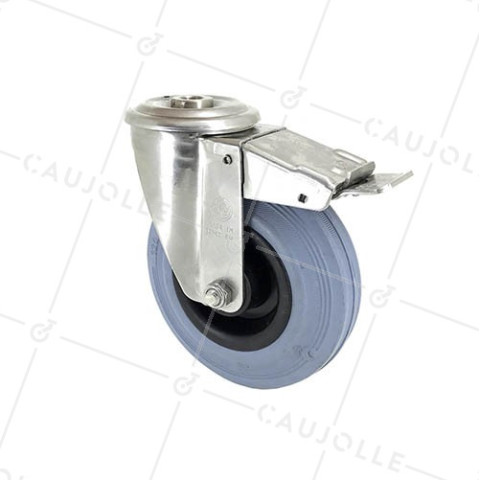 Ruota A Foro di fissaggio A FRENO INOX E GOMMA DIAMETRO 125 MM CARICO 110 KG A FISSAGGIO DI 12 MM - INOX O 125CAF • Caujolle