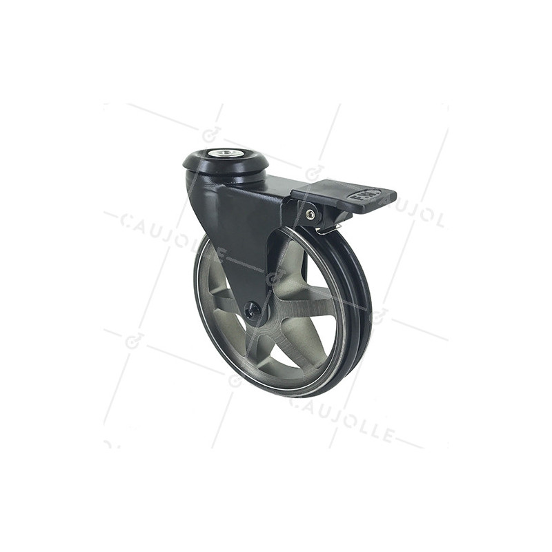 Ruota DESIGN IN ALLUMINIO NERO SPAZZOLATO CON FRENO DIAMETRO 125MM CARICO 70KG CON FISSAGGIO DI 10 MM - BLACKSTYL 125OAF