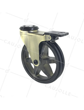 Ruota DESIGN RETRO A FRENO IN ALLUMINIO DORATO DIAMETRO 125 MM CARICO 70KG CON FISSAGGIO DI 10 MM - GOLDSTYL125OAF • Caujolle