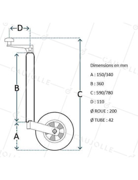 Ruota JOCKEY TELESCOPICO DIAMETRO 200MM TUBO 42 MM CARICO 100 KG ALLA FRECCIA