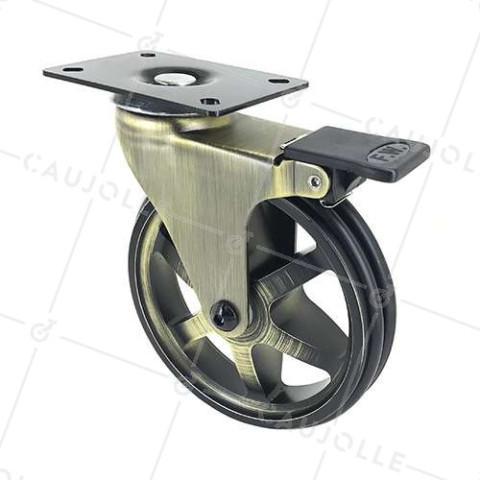 Ruota DESIGN RETRO CON FRENIO IN ALLUMINIO DORATO DIAMETRO 125 MM CARICO 70KG - GOLDSTYL125PAF • Caujolle
