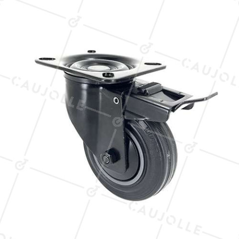 Ruota NERA DI MANUTENZIONE PIVOTANTE CON FRENO IN GOMMA DIAMETRO 100 MM CARICO 80 KG - S2C 100N AF • Caujolle