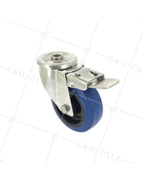 Ruota A Foro di fissaggio A FRENO INOX IN GOMMA ELASTICA DIAMETRO 100 MM CARICO 150 KG A FISSAGGIO DI 12 MM - INOXO100 BLU AF • Caujolle