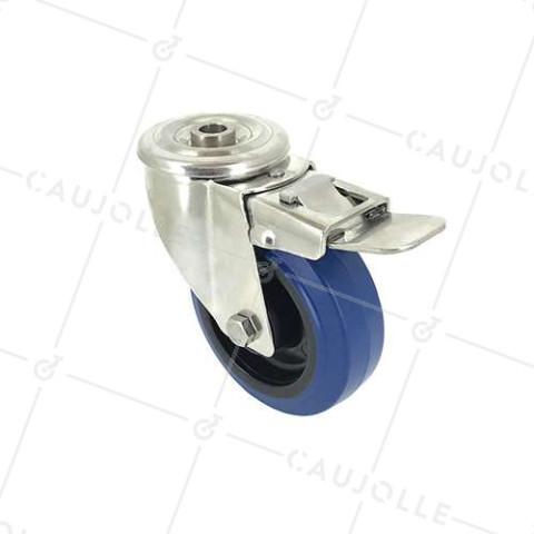 Ruota A Foro di fissaggio A FRENO INOX IN GOMMA ELASTICA DIAMETRO 100 MM CARICO 150 KG A FISSAGGIO DI 12 MM - INOXO100 BLU AF • Caujolle