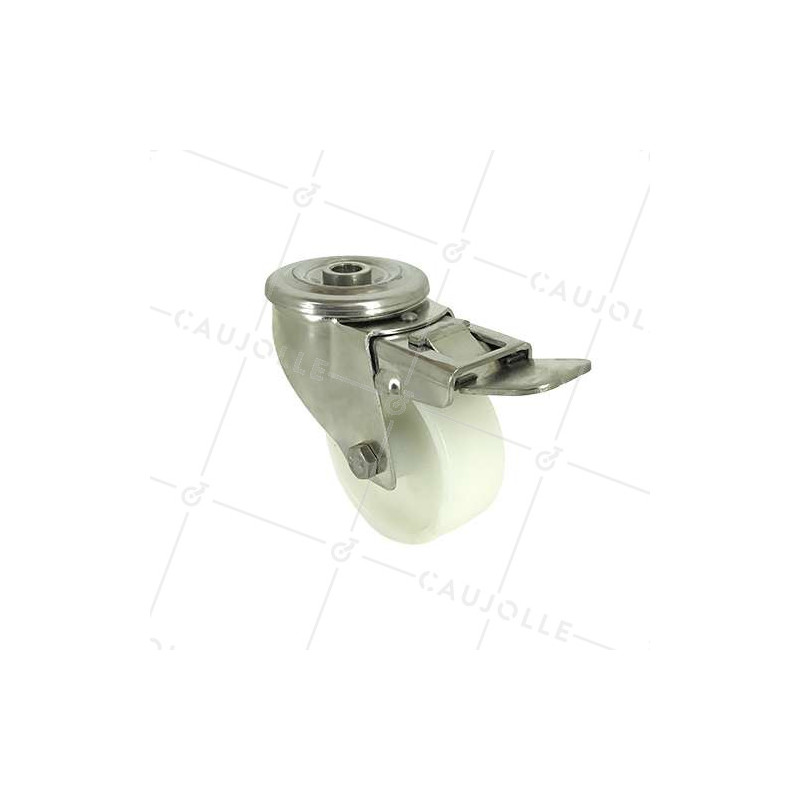 Roulette à oeil et frein en inox et nylon diamètre 80mm