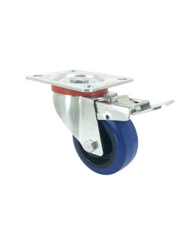 Roulette pivotante à frein en caoutchouc souple bleu diamètre 80mm