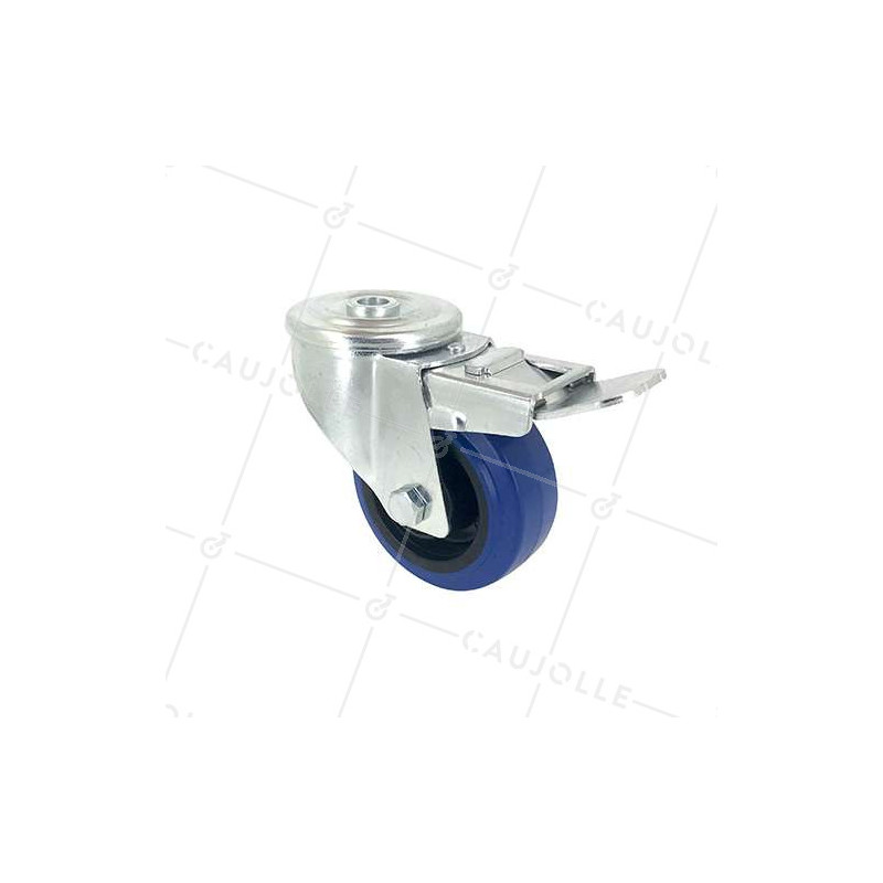 Roulette à oeil à frein en caoutchouc souple bleu diamètre 80mm