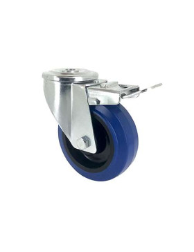 Roulette à oeil à frein en caoutchouc souple bleu diamètre 100mm