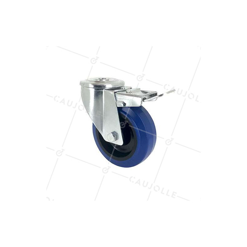 Roulette à oeil à frein en caoutchouc souple bleu diamètre 100mm