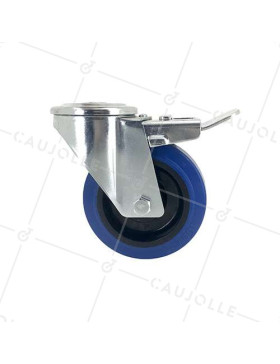 Roulette à oeil à frein en caoutchouc souple bleu diamètre 100mm