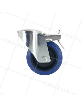 Roulette à oeil à frein en caoutchouc souple bleu diamètre 100mm