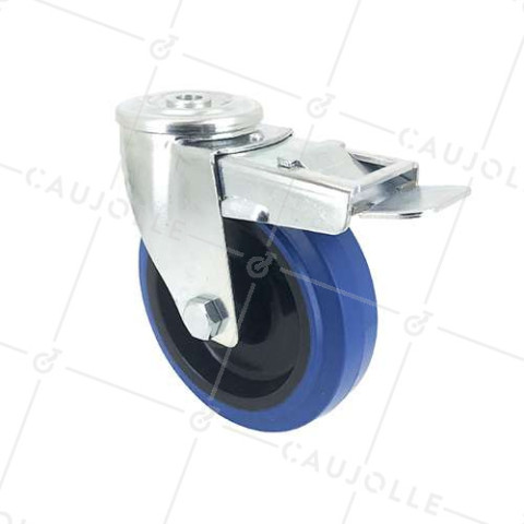 Ruota A Foro di fissaggio A FRENO IN GOMMA SUPER ELASTICA DIAMETRO 125 MM CARICO 130 KG A FISSAGGIO DI 12 MM - S06NS125AF • Caujolle