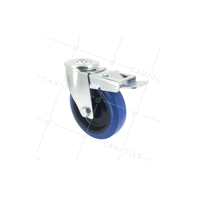Roulette à oeil à frein en caoutchouc souple bleu diamètre 125mm