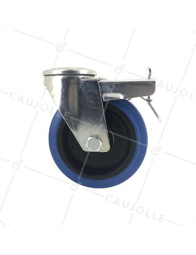 Roulette à oeil à frein en caoutchouc souple bleu diamètre 125mm