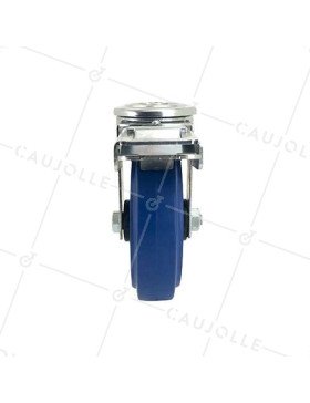 Roulette à oeil à frein en caoutchouc souple bleu diamètre 125mm