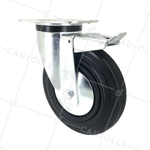Ruota INDUSTRIALE RINFORZATA A Piastra CON FRENO IN GOMMA DIAMETRO 200 MM CARICO 200 KG - S74C200AF • Caujolle