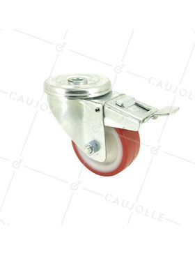 RUEDA DE MANIPULACIÓN CON AGUJERO PASANTE Y FRENO, DE POLIURETANO ROJO, DIÁMETRO DE 80 MM, CAPACIDAD DE CARGA DE 100 KG - S06NP 80AF • Caujolle