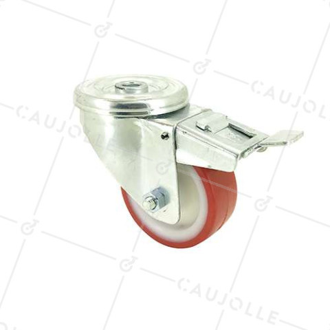 RUEDA DE MANIPULACIÓN CON AGUJERO PASANTE Y FRENO, DE POLIURETANO ROJO, DIÁMETRO DE 80 MM, CAPACIDAD DE CARGA DE 100 KG - S06NP 80AF • Caujolle