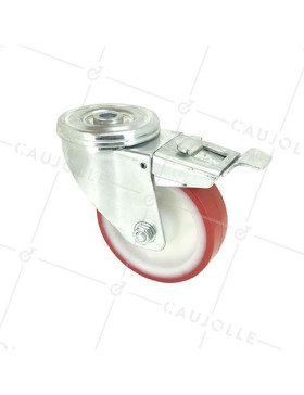 RUEDA DE MANIPULACIÓN CON AGUJERO PASANTE Y FRENO, DE POLIURETANO ROJO, DIÁMETRO DE 100 MM, CAPACIDAD DE CARGA DE 120 KG - S06NP 100AF • Caujolle