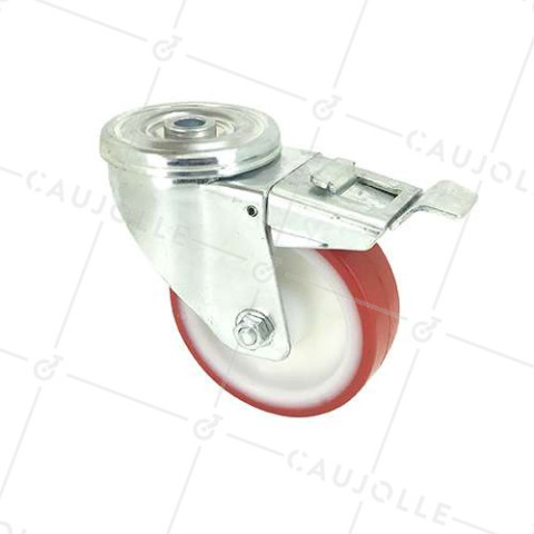 RUEDA DE MANIPULACIÓN CON AGUJERO PASANTE Y FRENO, DE POLIURETANO ROJO, DIÁMETRO DE 100 MM, CAPACIDAD DE CARGA DE 120 KG - S06NP 100AF • Caujolle