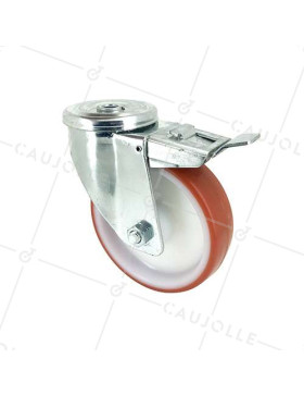 RUEDA DE MANIPULACIÓN CON AGUJERO PASANTE Y FRENO, DE POLIURETANO ROJO, DIÁMETRO DE 125 MM, CAPACIDAD DE CARGA DE 120 KG - S06NP 125AF • Caujolle