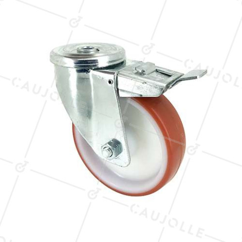RUEDA DE MANIPULACIÓN CON AGUJERO PASANTE Y FRENO, DE POLIURETANO ROJO, DIÁMETRO DE 125 MM, CAPACIDAD DE CARGA DE 120 KG - S06NP 125AF • Caujolle