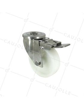 RUEDA CON AGUJERO PASANTE DE 12 MM, FRENO INOXIDABLE Y RODILLO DE NAILON DE 100 MM DE DIÁMETRO, 150 KG DE CARGA - INOXIDABLE O 100AF • Caujolle