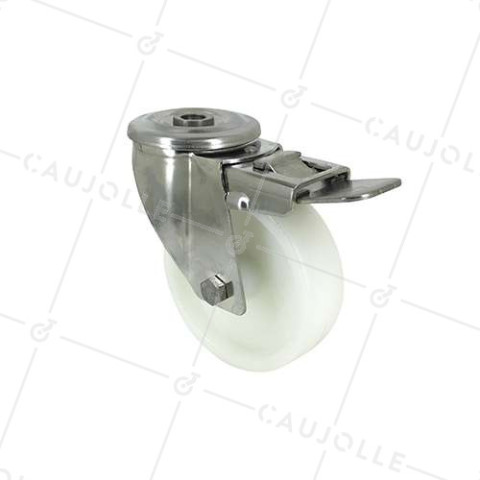 RUEDA CON AGUJERO PASANTE DE 12 MM, FRENO INOXIDABLE Y RODILLO DE NAILON DE 100 MM DE DIÁMETRO, 150 KG DE CARGA - INOXIDABLE O 100AF • Caujolle